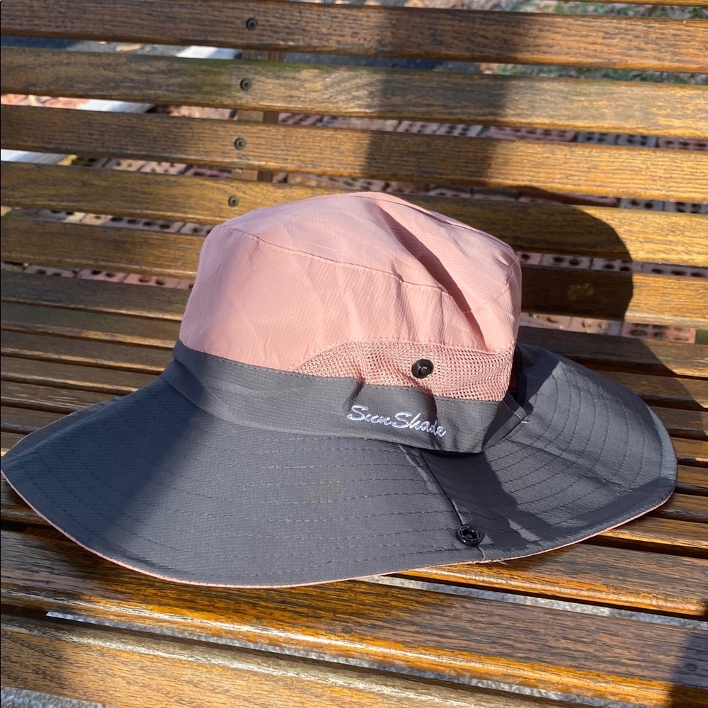 Pink Gray SunShade Hat adjustable chin strap wide snap brim vented ponytail cap